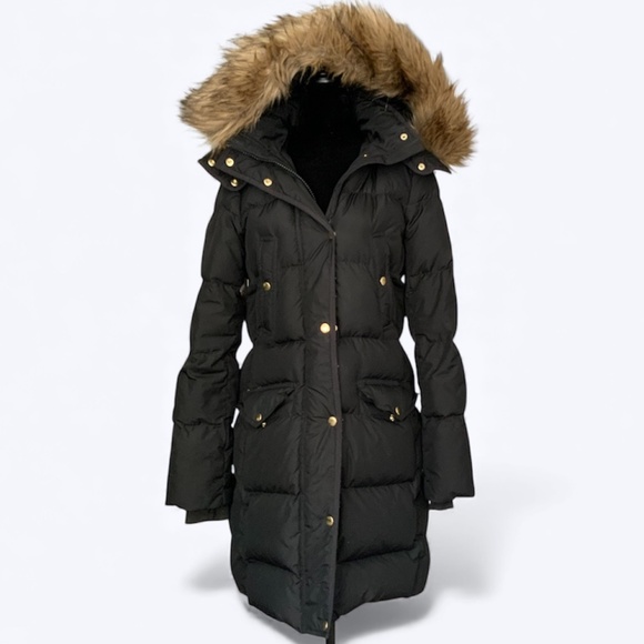 J Crew Down Filled Hooded Puffer Coat Jacket Faux Fur Trim Black SZ S - Picture 4 of 16
